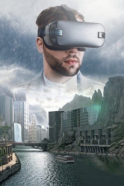 Man up at top of image wearing a VR headset, below him is a few of a futuristic city.
