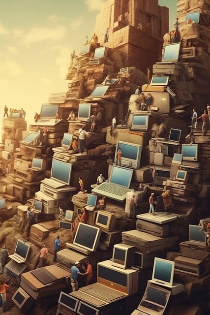 A mountain of used computer equipment with people climbing over the mountain. Like used care place.