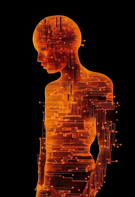 Human figure made up of pixels and bit, like they were being digitized.