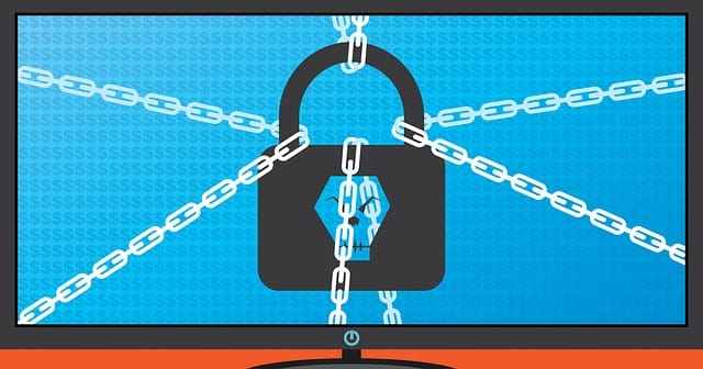 picture is of a monitor, and one the screen from all four corners is a chain running to a lock in the middle of the screen. It looks to be an image on the screen.