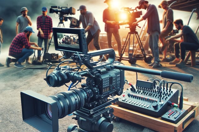 Camera crew setting up and filming on location.