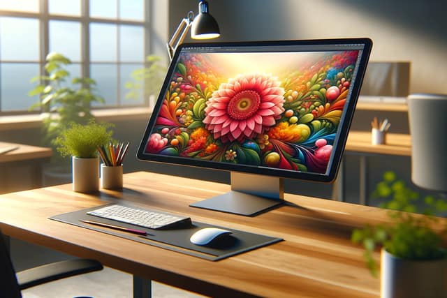 A desk with various item, like two plants and a pencil holder, and a computer monitor, keyboard and mouse. On the monitor screen is a digital artwork.