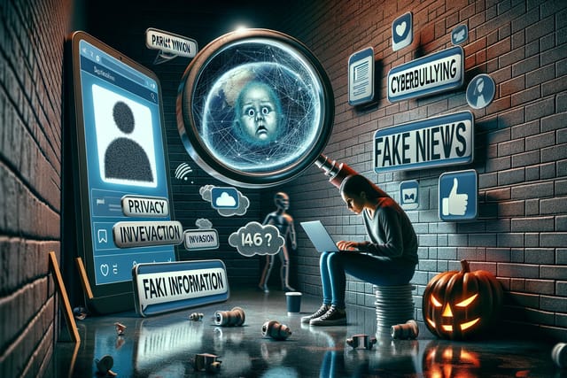 cover image for article, bunch of signs, all dealing with risks of social media.