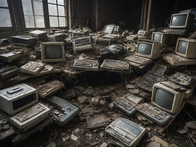 ai-generated-8433061_640 A room filled with old and decaying computer hardware, including monitors keyboards and printers.