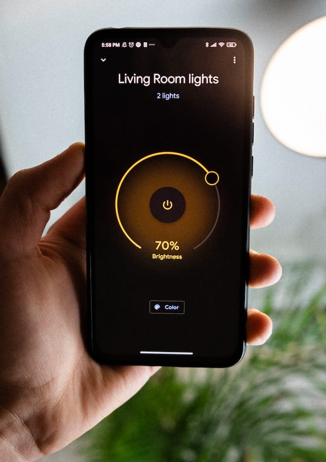 Closeup of a person holding a phone, we only see their hand and the phone. The phone is on a page controlling the "Living Room lights"