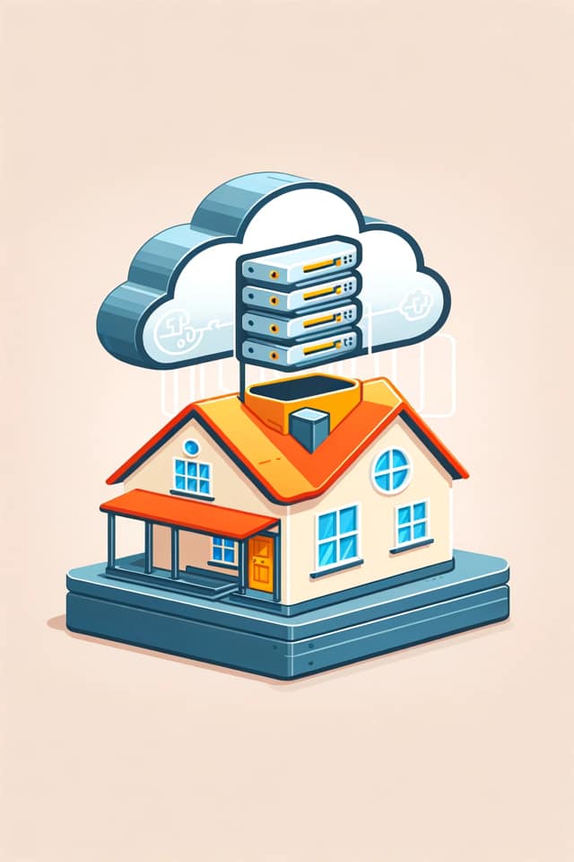 A clip-art image of a house sitting on a stand, above the house is a cloud like box with hard drives in it.