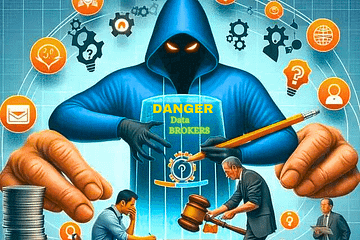 Info graphic on data brokers, there's a giant hooded figure with the words "Danger Data Brokers" overlaid on his chest. Below him is three men at a table.