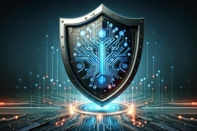 A shield with markings on it like a circuit board, the lines are glowing bright blue. The shield is hovering over a another glowing circuit board pedestal.