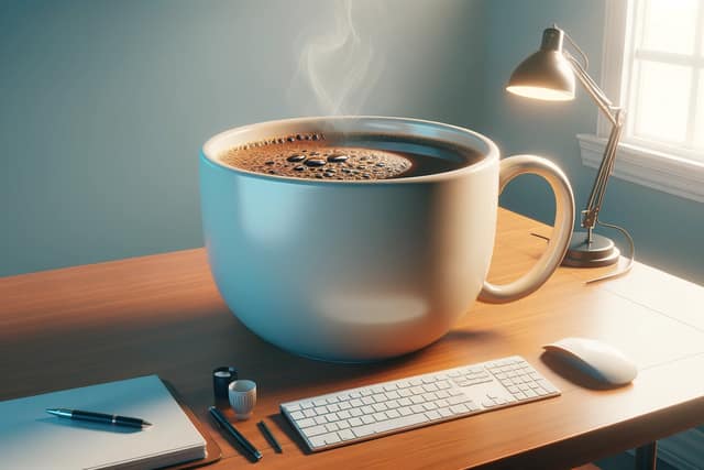 giate-cup-of-java-on-desk A giant cup of Java on a desk with keyboard, mouse, writing implements, and light.