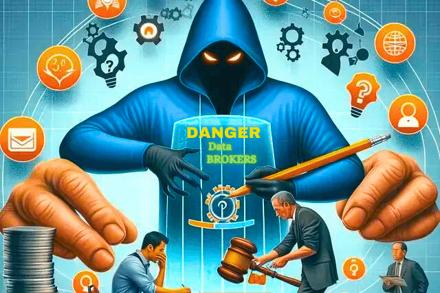 Info graphic on data brokers, there's a giant hooded figure with the words 