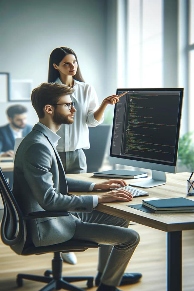 A woman standing over a man, helping him program as he sits at a desk.