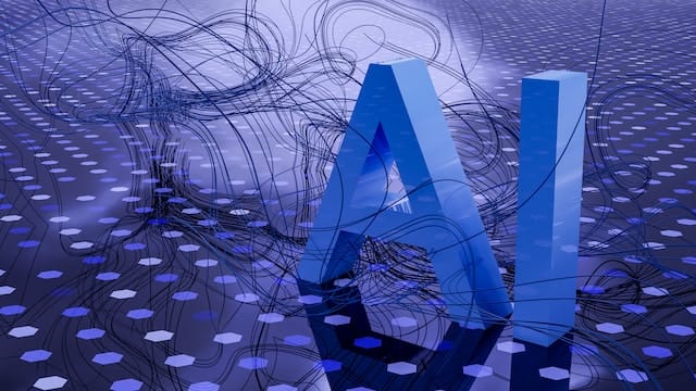Blue background with hexagons in different shades of blue with a bit AI off to the right. There are also dark wavy lines running around image and inside the large letters.