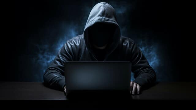 640-hooded-burglar-typing-crime-on-dark-laptop Man in a dark hoodie sitting in front of a laptop, the man and laptop are lightly illuminated by a light coming from off the image to the left.