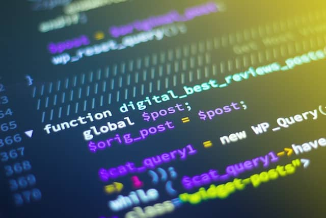 Picture of part of a monitor with programming code on it.