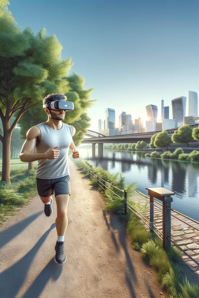 Man-wearing-an-augmented-reality-headset-while-running Man wearing an augmented reality headset while running on a park path next to a river.