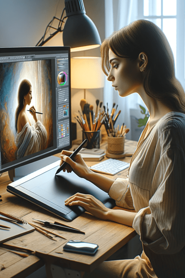 Woman, artist, sitting at a desk with a computer monitor with a painting on it. In front of the woman is a graphics tablet she is using to draw.