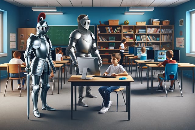 boy-sitting-in-class-two-knights-protecting-him A boy, in a classroom, on a desktop computer, is protected by two knights in shinning armor.