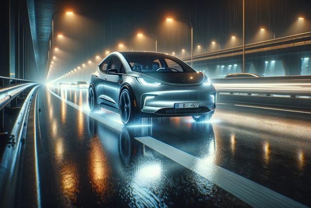 Electric vehicle driving on a highway on a rainy night.
