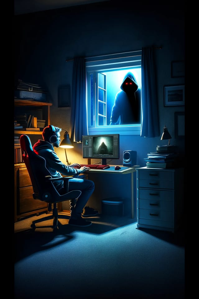 gamer-gaming-hooded-man-in-window Boy in his room, gaming, above the computer is a window, in the window is a cloaked figure with red eyes, looking in.