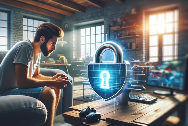 gamer-playing-securely A gamer gaming in his living room, there's an overlay of the image, that is a secured lock, implying that he's protected.