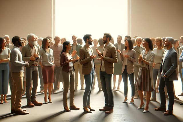 group-of-people A diverse group of people in a room, talking amongst themselves.