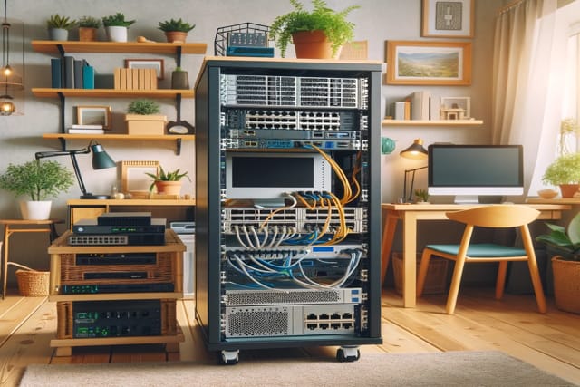 home_server Someones home office, there's a desk to the back right, but in the center of the room is a server rack with servers, routers and other tech stuff, to the left of the server it looks like there is more routers and server equipment.