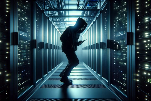 intruder-server-room cloaked figure sneaking around a data center.