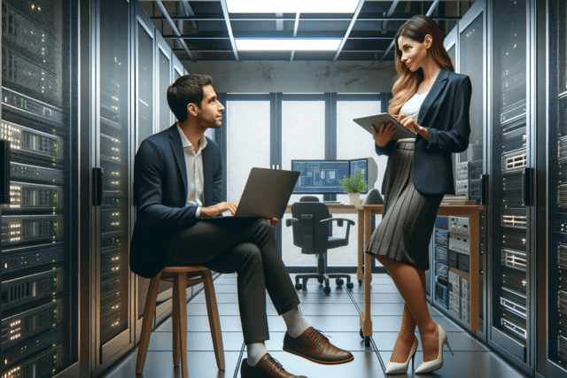 man-and-woman-working-in-a-server-room man and a woman in a server room, man is working on a laptop while sitting on a stool, woman is standing working on a tablet.