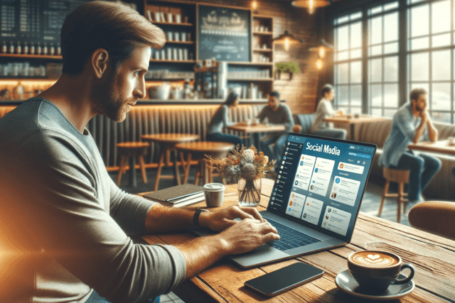 man-in-coffee-shop-on-social-media Man in a coffee shop working on a laptop, we see that he is on social media.