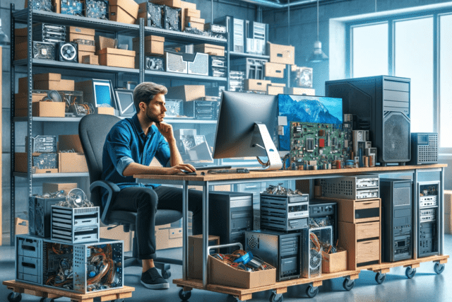 man-sitting-in-office-filled-with-computers-and-parts man in an office room, with stacks of spare computer parts and server parts, working on a computer.