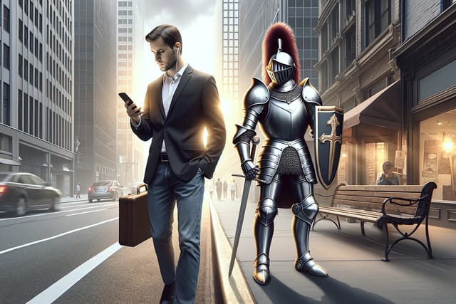 man-walking-down-street-working-on-phone-a-knight-protecting-his-digital-identity A man walking down a street looking at his phone, he is guarded by a knight in shinning armor, he's holding a shield and a sword.