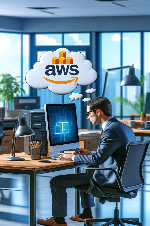 Man working on a computer in an office setting, there's a info bubble above the monitor that says "AWS".
