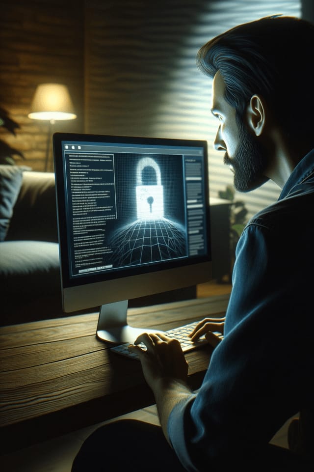 Man working on the dark web on a all in one pc.