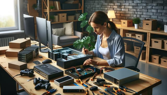 woman-building-server Woman sitting at a desk in a home office, she's building a server. You can see server and computer parts strewn across the desk along with tools.