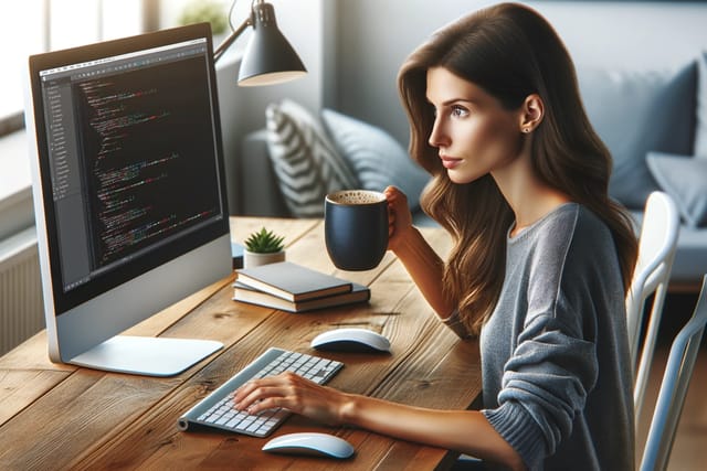 woman-in-home-office-programming-with-cup-of-coffee woman holding a cup of Java, programming on a computer which is on a desk.