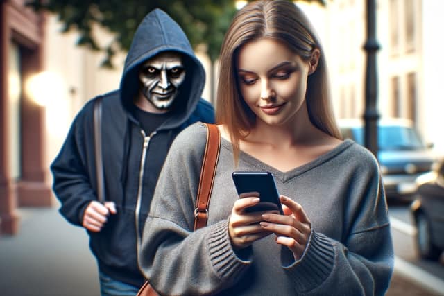 woman-on-phone-being-stalked woman walking down the street looking down at her phone, what she doesn't see is the masked and cloaked man following her. Signifying someone spying on her social media use.